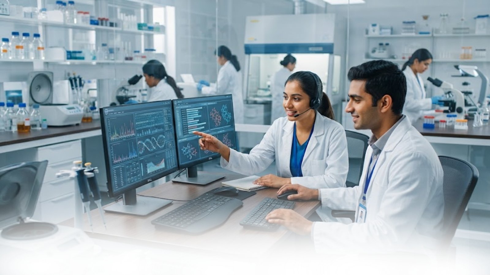 Indian medical professionals and clinical researchers reviewing digital medical records and X-ray data in a modern laboratory for a clinical research course in Hyderabad.