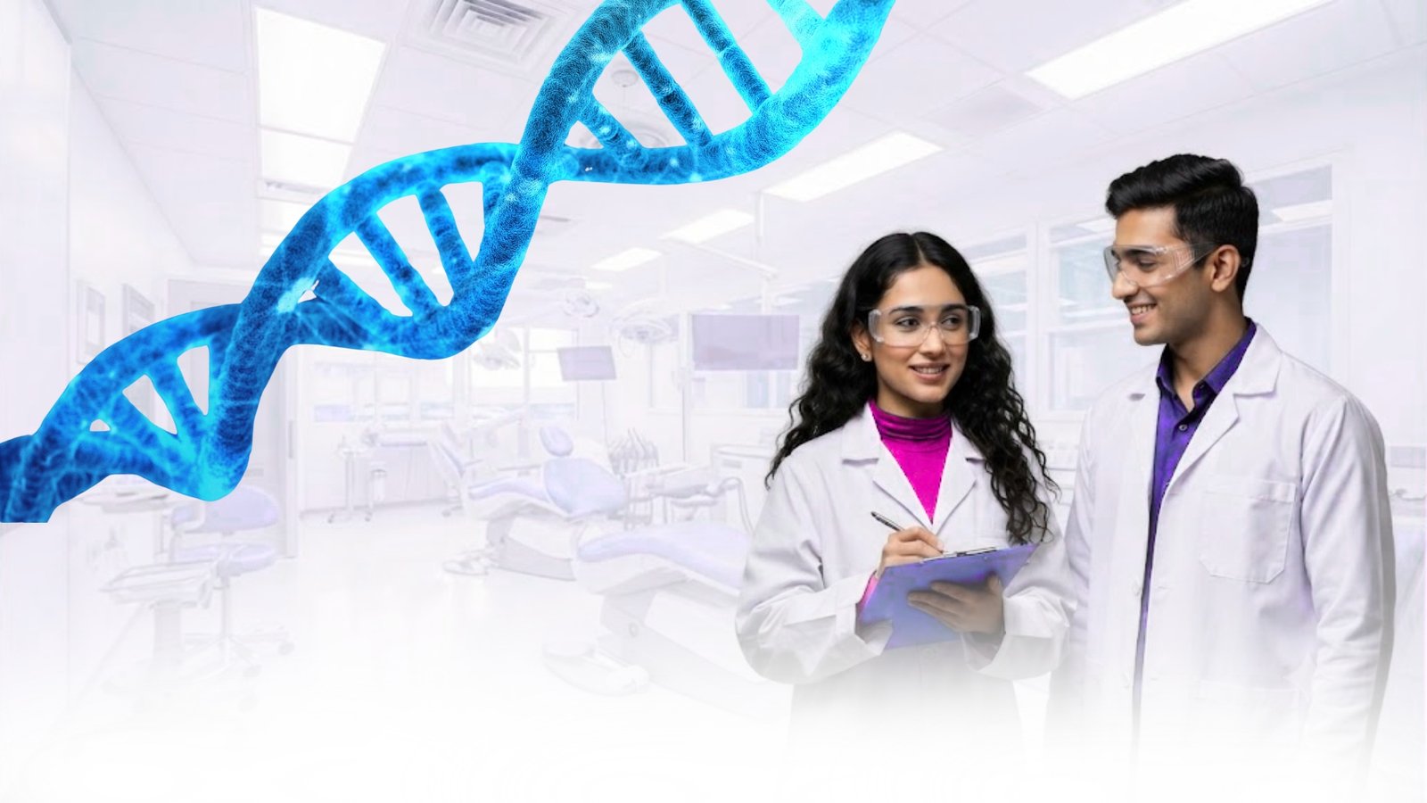Genomic researchers analyzing DNA sequences for a clinical research course in Hyderabad.